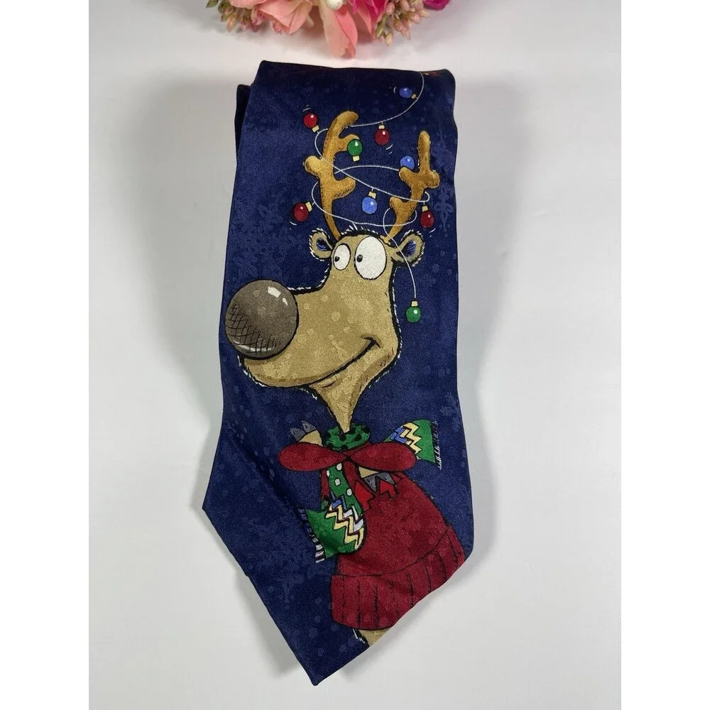 American Greetings Silk Necktie Reindeer Christmas Lights Snowflakes Navy Blue